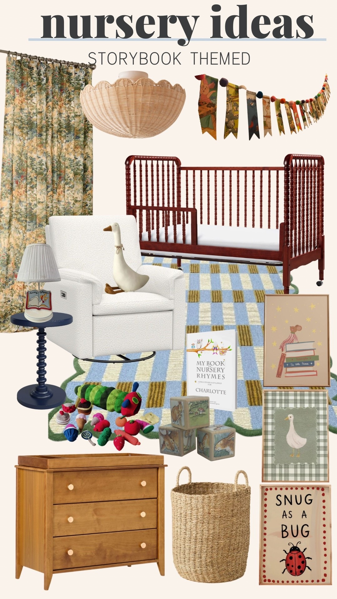 Story book themed nursery decor! Gender neutral, crib, rocker, curtain picks, blocks, rug, eclectic, wall art 

#LTKBaby #LTKU #LTKHome