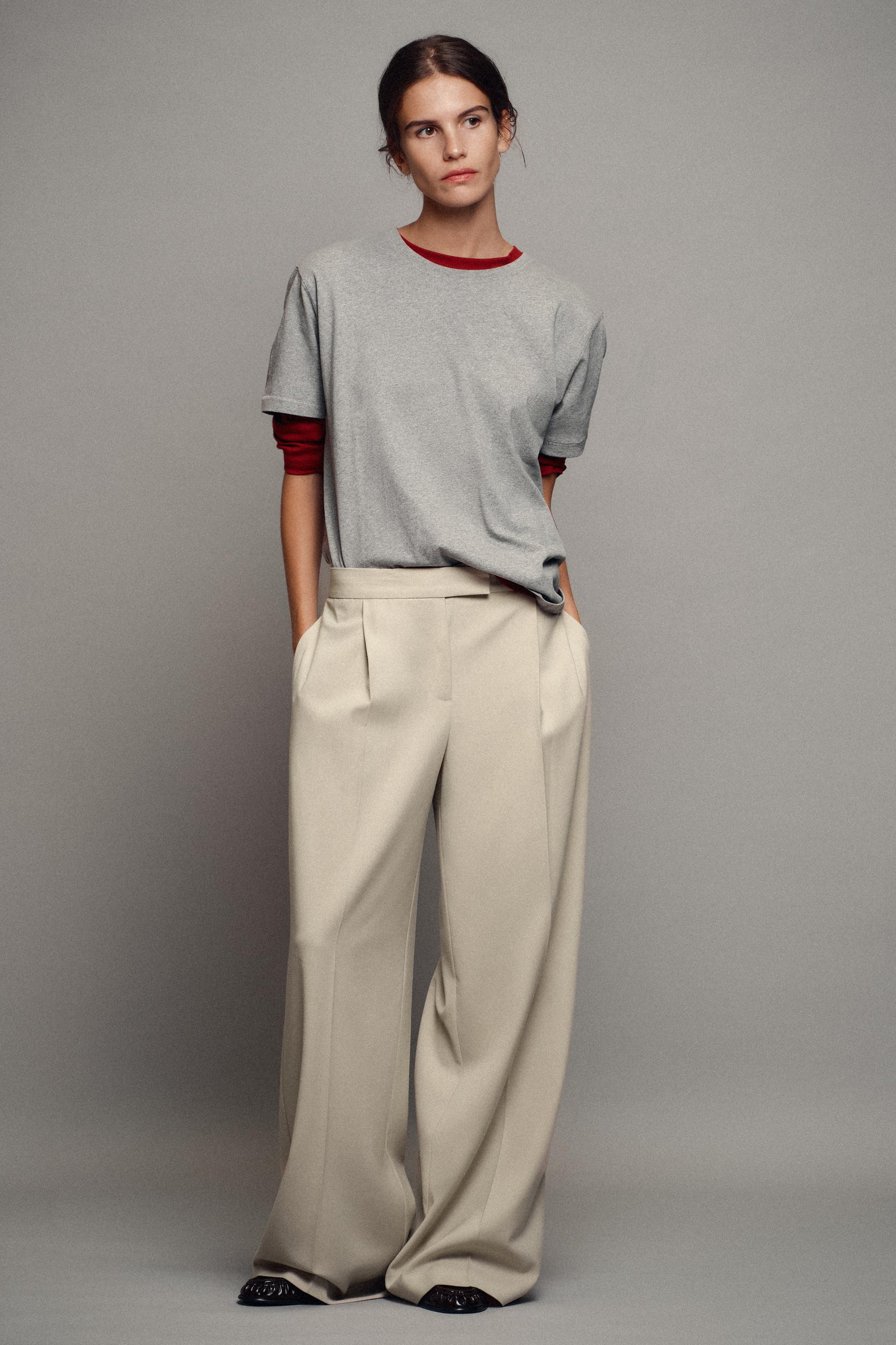 Zara - Wide-Leg Pleated Pants - Stone - S - Woman | Zara US