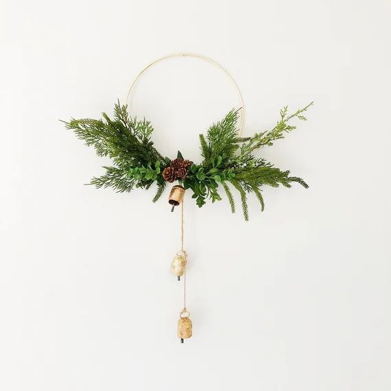 Minimalist Greenery Holiday Hoop Wreath with Vintage Bells | Etsy | Etsy (US)