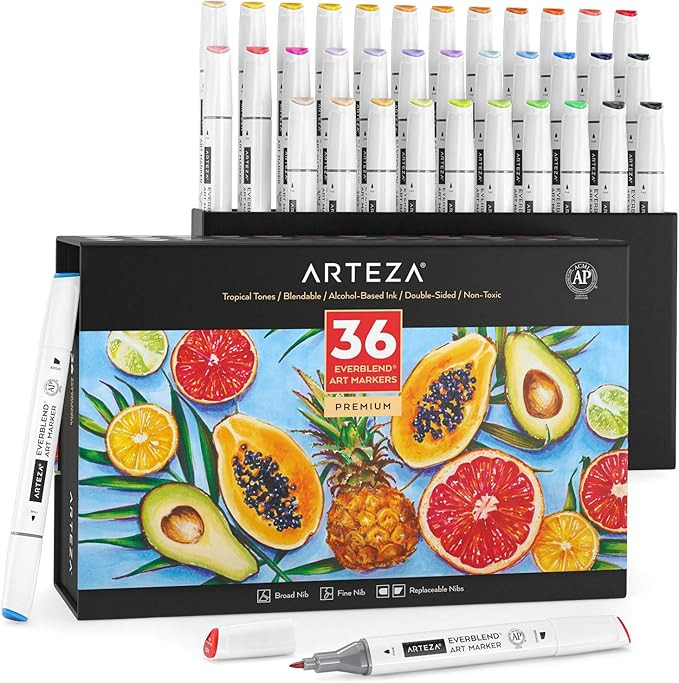ARTEZA Alcohol Art Markers, Set of 36 Colors, Tropical Tones, Everblend Sketch Pens in Organizer ... | Amazon (US)