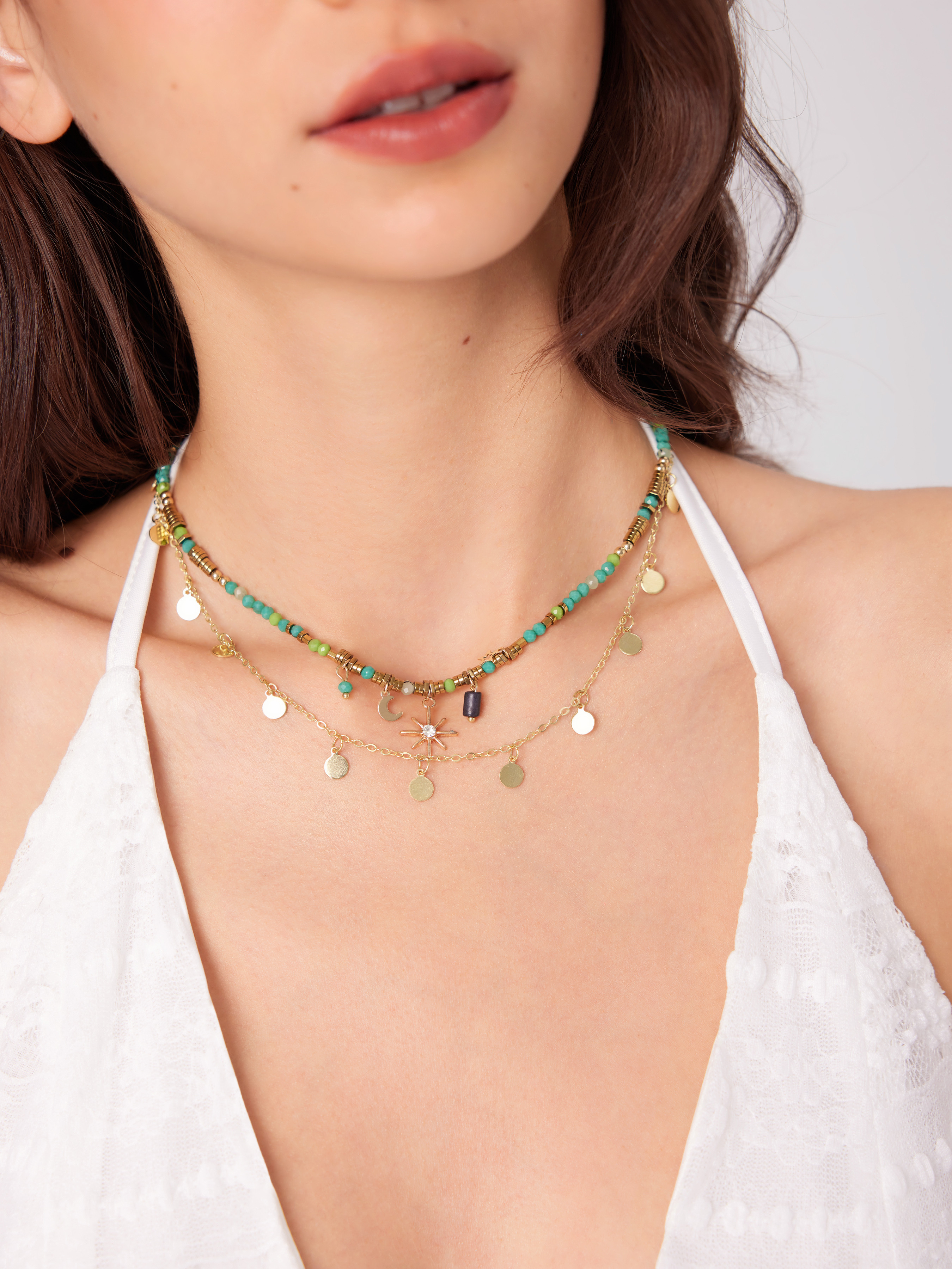 DOUBLE LAYERED SUN & MOON & STAR BEADED NECKLACE SET For Daily Casual Vacation Beach | Cider