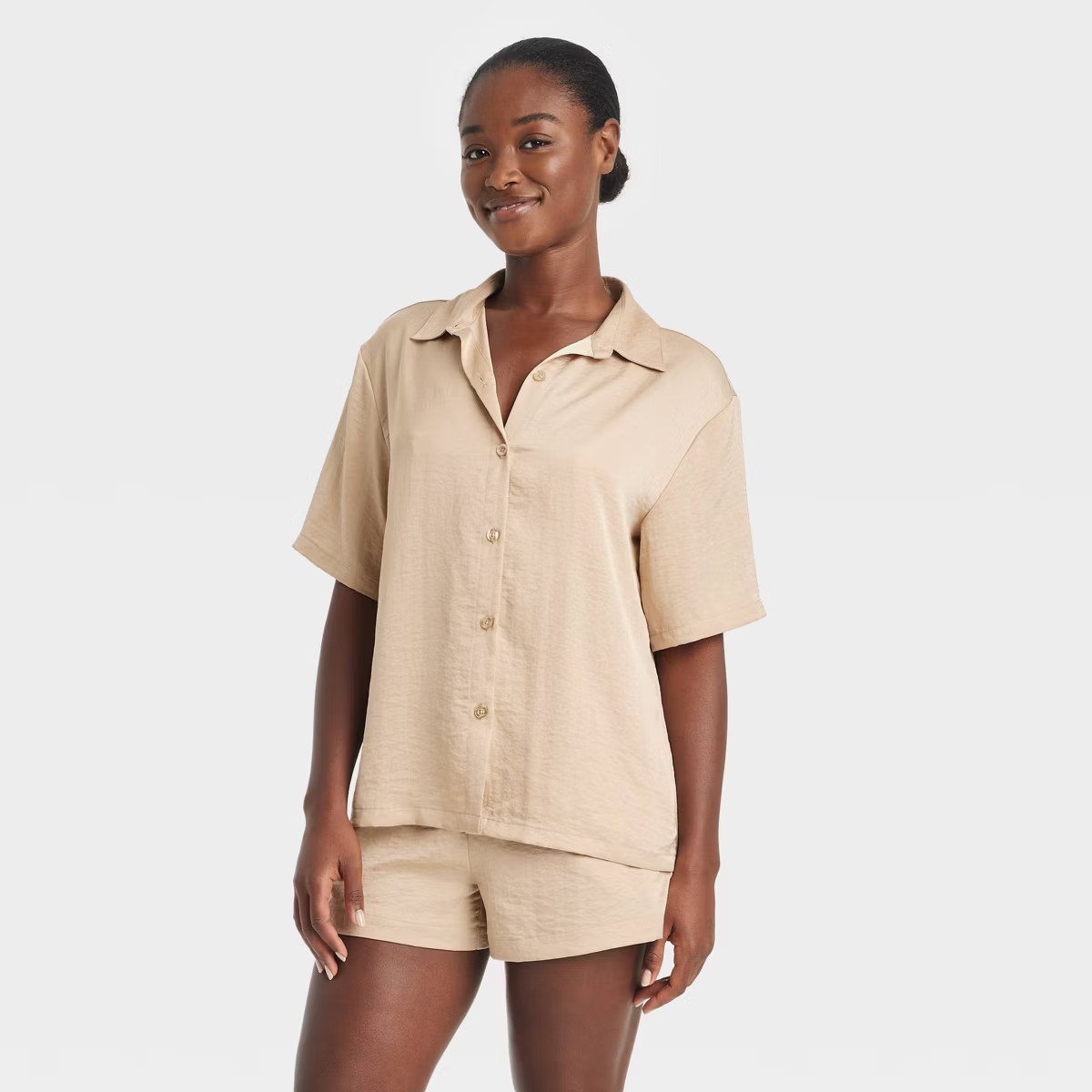 Women's Satin Short Sleeve Notch Collar Top and Shorts Pajama Set - Auden™ | Target