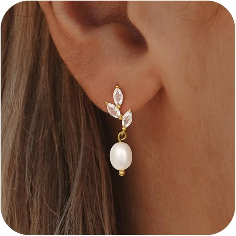Pearl Earrings for Women - Gold Earrings for Women Trendy Gold Hoop Earrings for Women Pearl Dangle Earrings for Women 14K Gold Jewelry for Women with Zircon Bow | Teardrop | Zircon Leaf | Amazon (US)