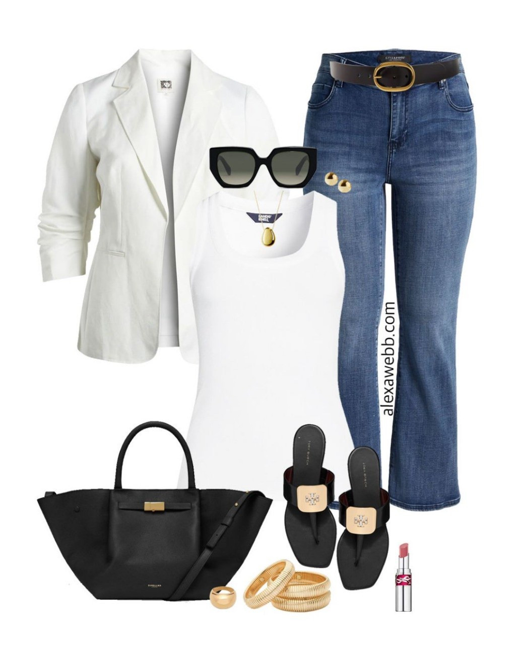 Plus Size White Linen Blazer Outfits - A cute plus size casual outfit for spring and summer with a plus size white linen blazer. Add flare jeans, black flat sandals, black sunglasses, and a black DeMellier tote. Alexa Webb #plussize

#LTKOver40 #LTKPlusSize #LTKStyleTip