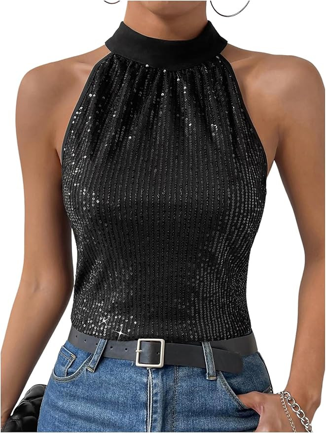 MakeMeChic Women's Sequin Halter Tops Sparkly Tie Back Sleeveless Business Blouse | Amazon (US)