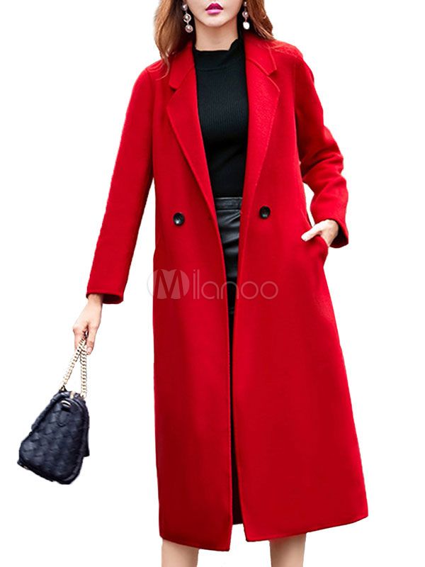 Red Winter Coat Long Sleeve Notch Collar Women's Wool Coats | Milanoo