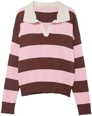 Chevara Women’s Striped Polo Sweater V Neck Colorblock Knit Pullover Y2K Casual Loose Fit Rugby... | Amazon (US)