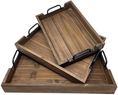 3 Piece Decorative Nested Vintage Wood Serving Tray Set For Coffee Table or Ottoman – Rustic Wo... | Amazon (US)