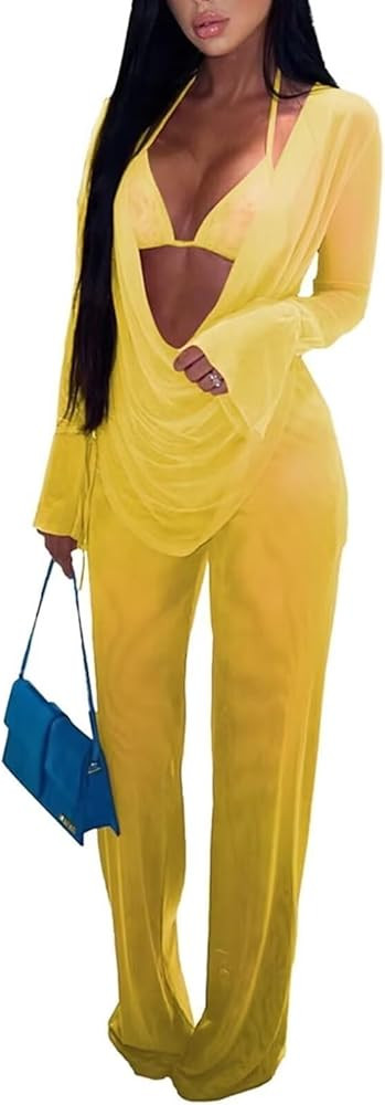 EDITCOZY Women Mesh Sheer 3pcs Outfits Long Sleeve Top Long Pant Bikini Cover Up | Amazon (US)