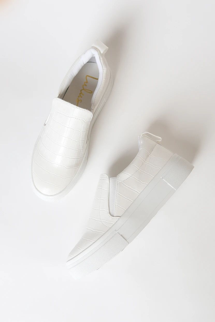 Cassay White Crocodile-Embossed Platform Slip-On Sneakers | Lulus (US)