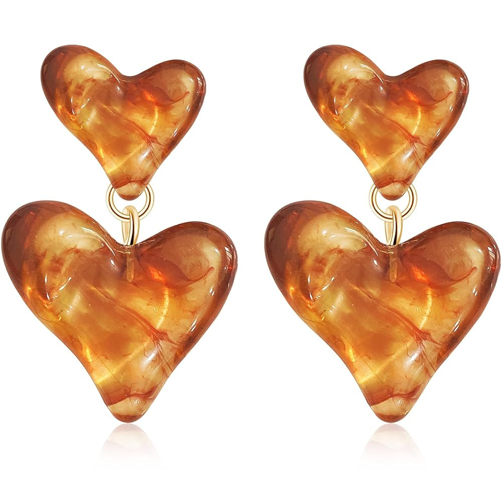 Cute Simplicity Resin Double Lover Heart Dangle Drop Stud Earrings For Women Mom Lover | Amazon (US)