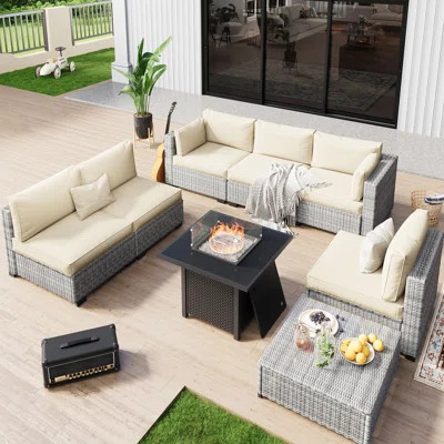 No-Assembly Chairs,6-Person Patio Furniture Set Durable Wicker Outdoor Sectional Seating Group Outdoor Conversation Sofa With Fire Pit(Included Blue C | Wayfair North America