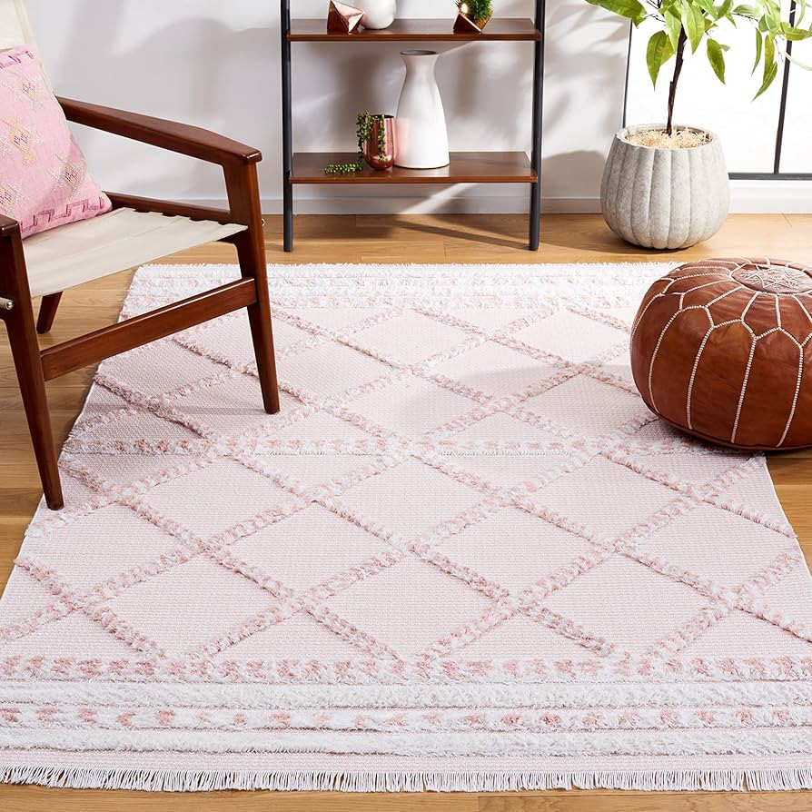 SAFAVIEH Augustine Collection Area Rug - 8' x 10', Pink & Ivory, Moroccan Boho Tribal Rustic Fringe Cotton Design, Easy Care, Ideal for High Traffic Areas in Living Room, Bedroom (AGT714U) | Amazon (US)