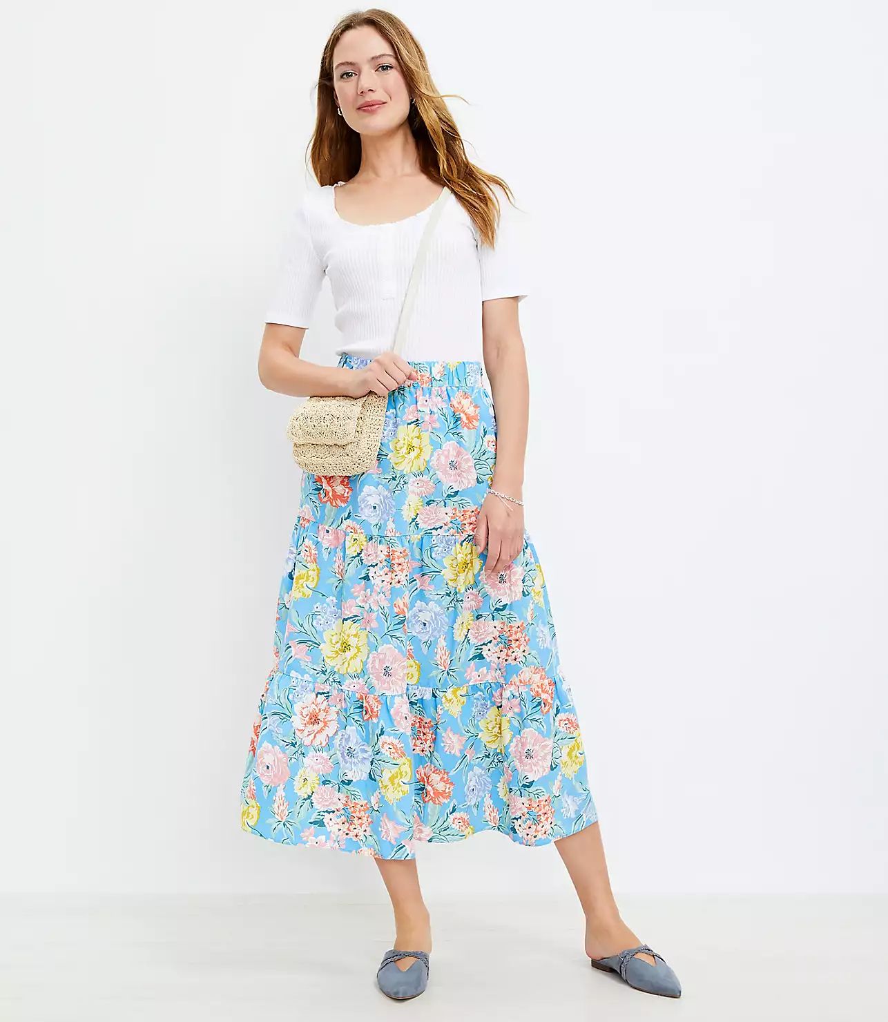 Floral Tiered Pull On Midi Skirt | LOFT