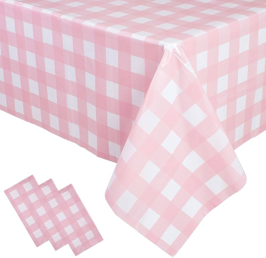 3 Packs Pink Gingham Tablecloth 54 x 108 Inches Pink and White Checkered Disposable Plastic Water... | Amazon (US)