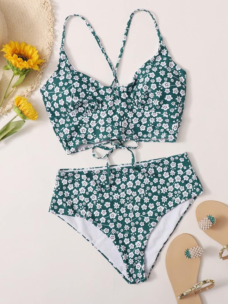 Ditsy Floral Lace-up Back Bikini Swimsuit | SHEIN