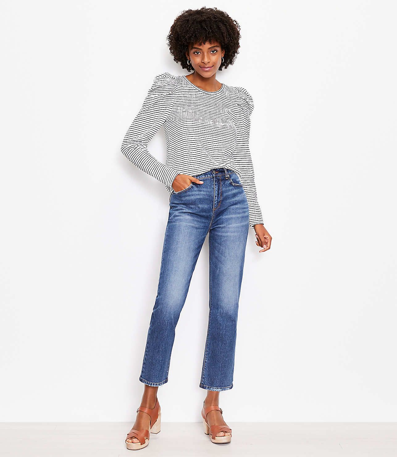 High Rise Straight Crop Jeans in Staple Mid Indigo Wash | LOFT