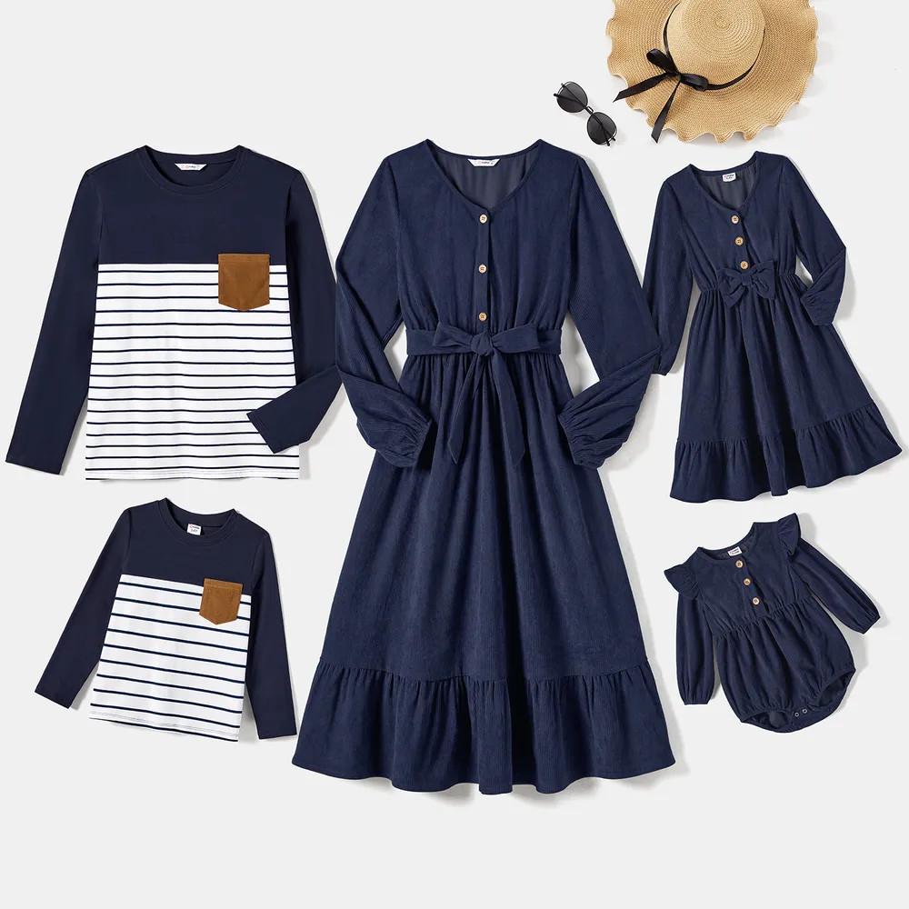 Family Matching Cotton Ribbed Long-sleeve Colorblock Dresses and Striped Tops Sets | PatPat