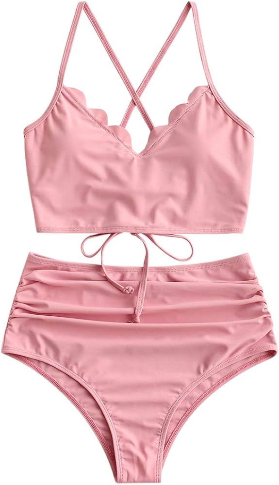 ZAFUL Women's Crisscross Ruched High Waisted Bottom Bikini Set Two Piece Swimsuit Tankini | Amazon (US)