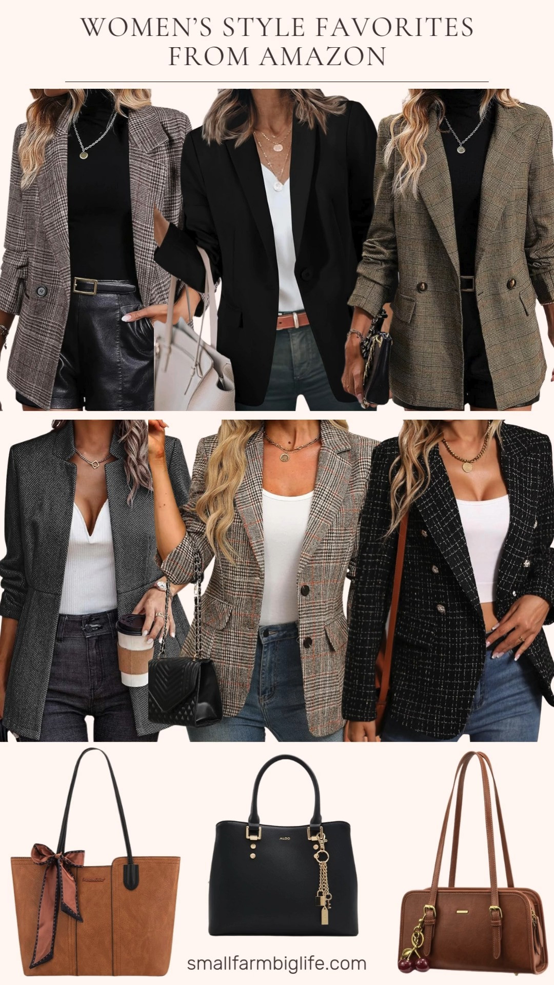 Women’s style favorites that never go out of season 🤎✨ Classic plaid, tweed, and black blazers paired with timeless brown totes, shoulder bags, and a black crossbody. These are easy, polished pieces that work for everyday and beyond. 

 #LTKootd #LTKOver40 #LTKFindsUnder50