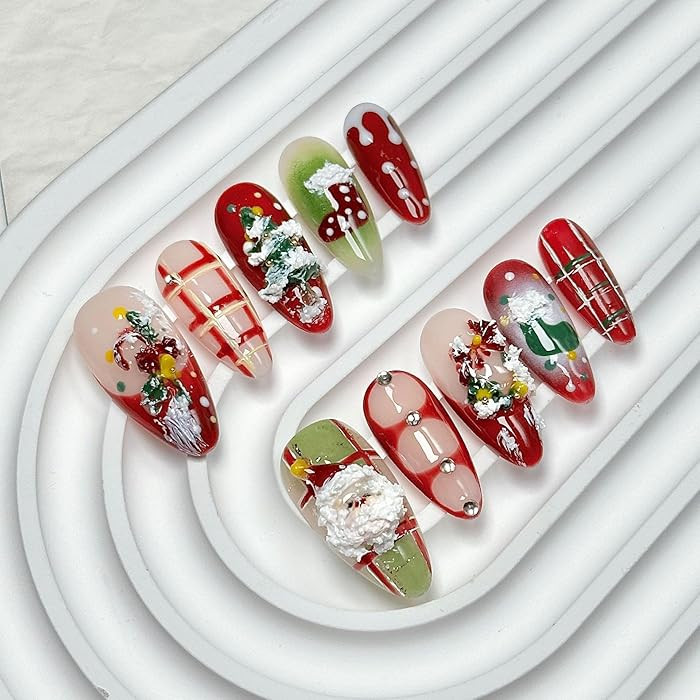 Christmas Press on Nails Meidum Almond - Handmade Fake Nails with Santa Claus Design - Red Full C... | Amazon (US)