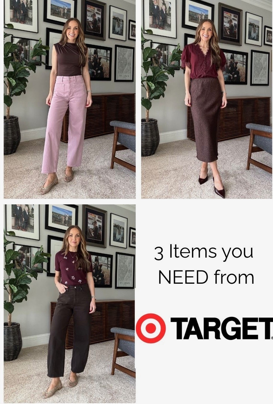 3 items you need from @Target 
Brown barrel pants (size 4) 
Pink Sailor pants (size 4) 
Maroon lace top (small) 

Styled with @abercrombie mock neck (small) , @Walmart embellished top (small) and @evereve skirt

#LTKgrwm #LTKootd