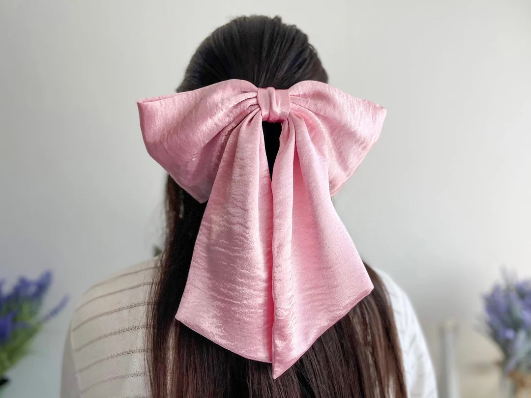Large Pink Barbie Hair Bow, Oversized Satin Bow, Giant Bow With Tail, Big Bow With Barrette, Gift... | Etsy (US)