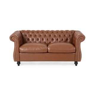 Silverdale 61.75 in. Cognac Brown Solid Faux Leather 2-Seat Loveseats with Nailhead | The Home Depot
