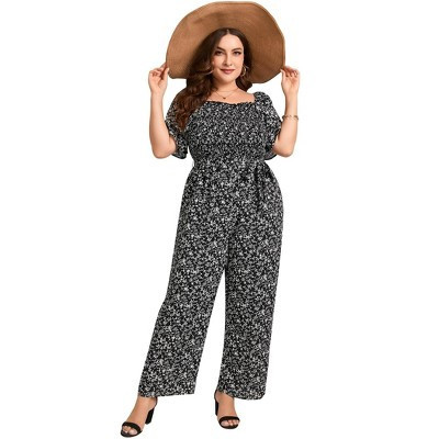 Coolmee Womens Plus Size Jumpsuits Dressy Casual Floral Spring Wide Leg Smocked Ruffle Sleeve Belted One Piece Romper Outfits Black Floral 3XL | Target