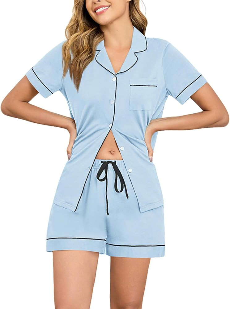 HALCYEEN Women's 100% Cotton Pajama Set Short Sleeve Button Down Shorts Soft Sleepwear Loungewear... | Amazon (US)