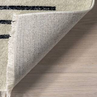 Keeva Modern Striped Fringe Beige 3 ft. x 8 ft. Runner Rug | The Home Depot