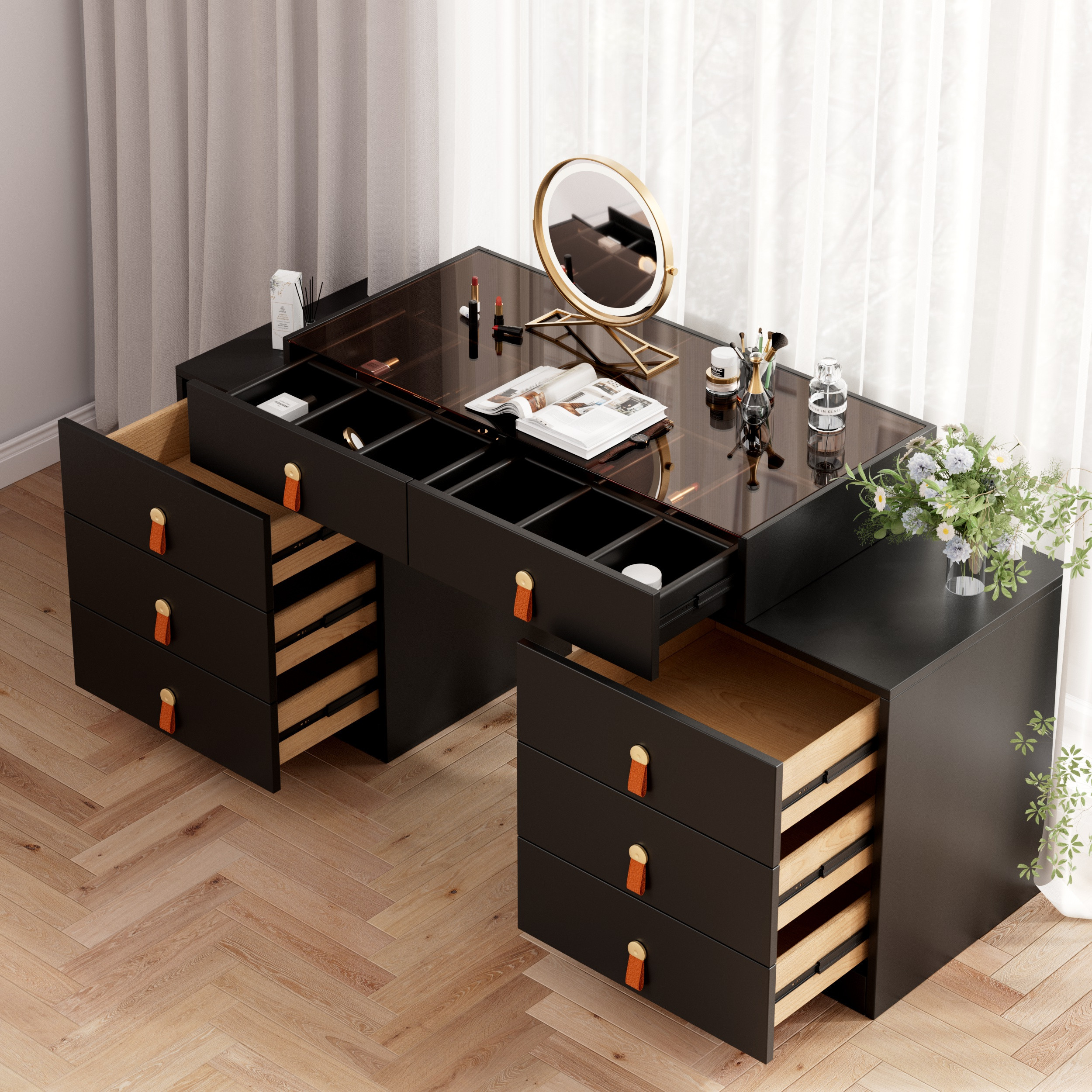 Extendable Makeup Vanity with Jewelry Storage Retractable Dresser Closet Island | Homary