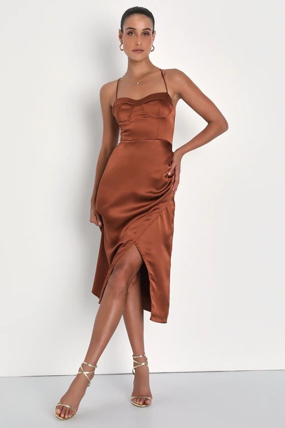 Aesthetic Essence Bronze Satin Backless Bustier Midi Dress | Lulus (US)