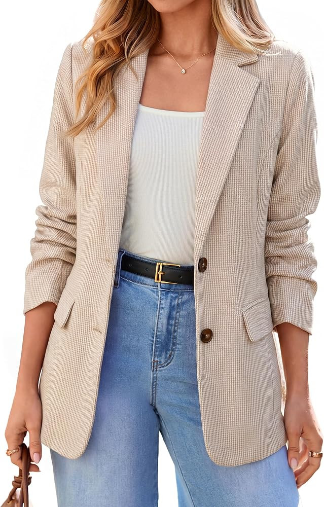 Simplee Womens Work Casual Houndstooth Plaid Tweed Blazers | Amazon (US)