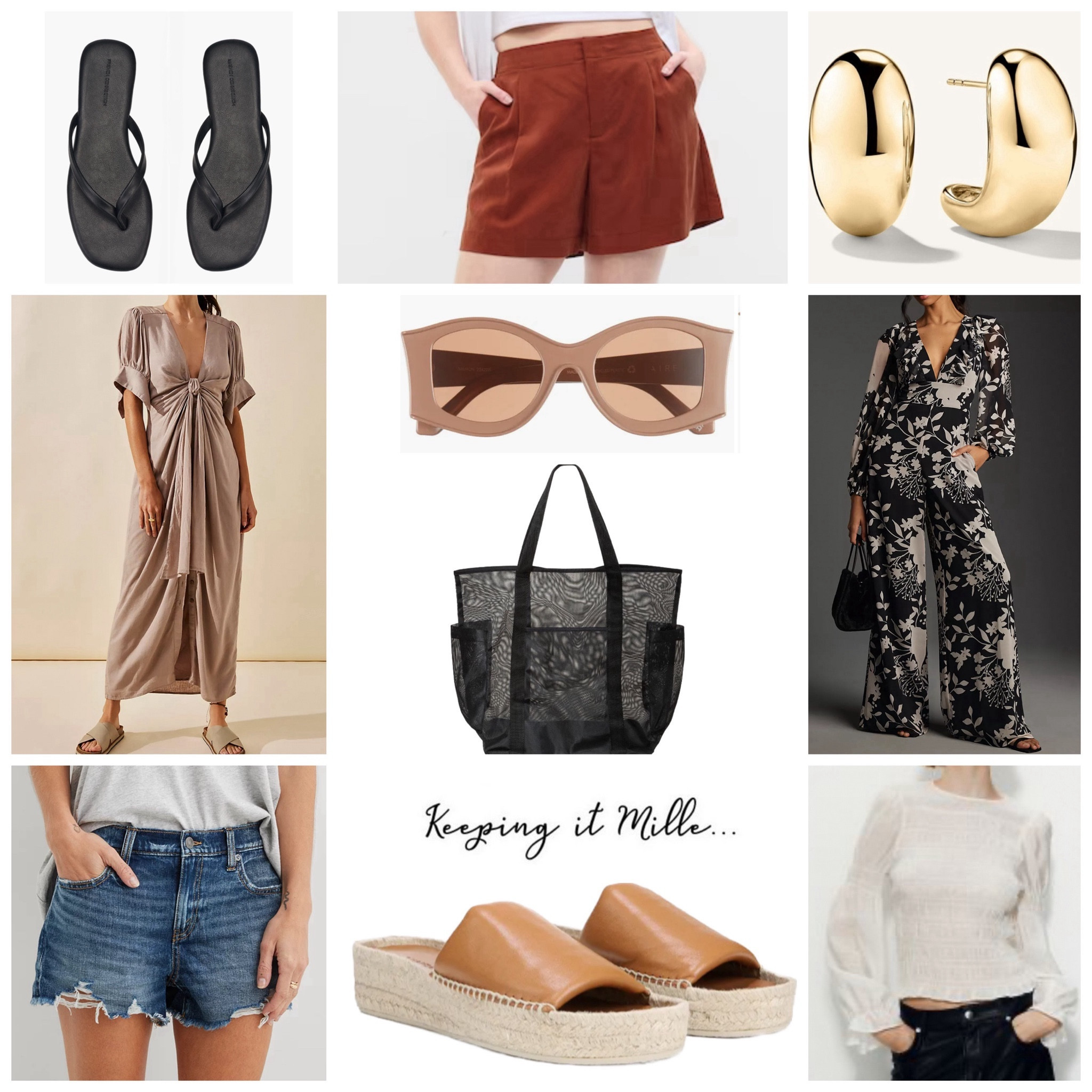 Spring break mom style inspiration. Floral jumpsuit, black flip flops, gold mugs huggie earrings, mesh tote, tan espadrille sandals, smocked top, jean shorts.

#LTKover40 #LTKSeasonal #LTKtravel