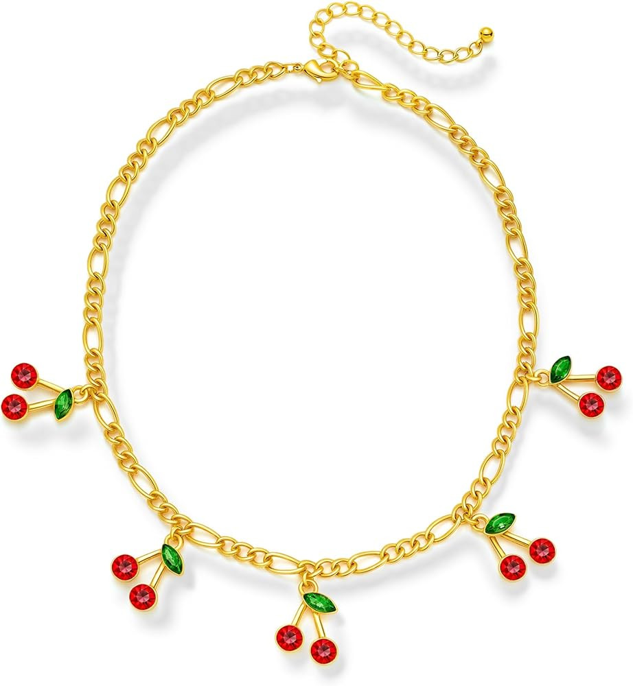 Gold Charm Necklace For Women Trendy Flower and Cherry Statement Necklace Summer Boho Jewelry Gif... | Amazon (US)