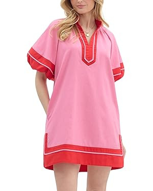Esmeling Women’s Color Block Pullover Dress V Neck Puff Sleeve Shirt Dress Casual Mini Dress wi... | Amazon (US)
