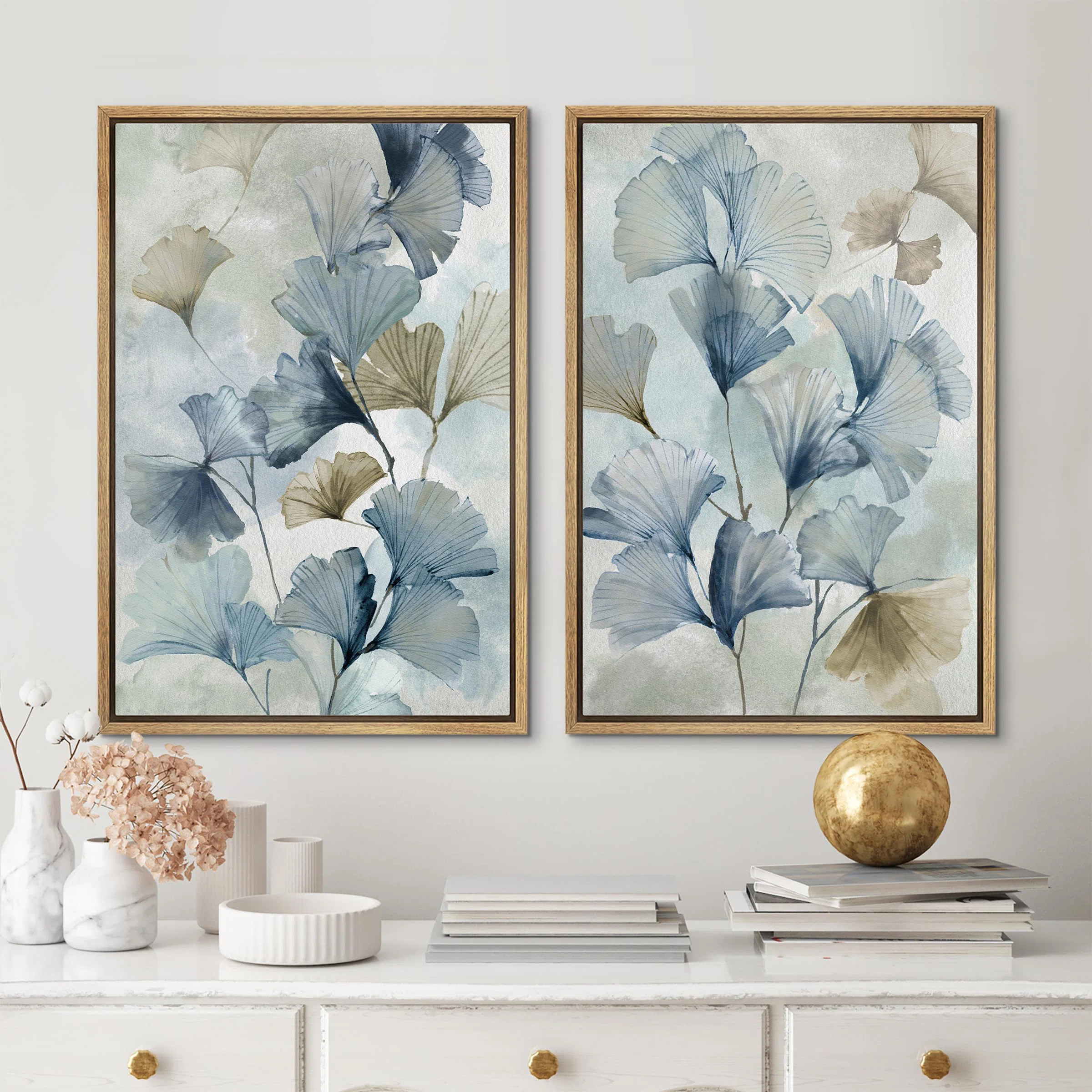 Blue Ginkgo Leaves Minimalist Abstract Botanical Modern - Framed Canvas Bedroom Wall Art Set 2 Pr... | Wayfair North America