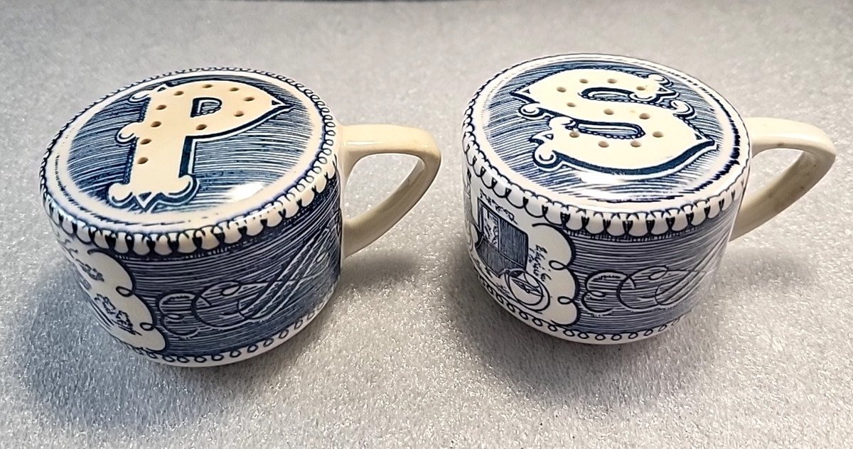 Royal China 'Currier & Ives' Blue Salt & Pepper Shaker Set (Stoppers Stuck) | eBay US