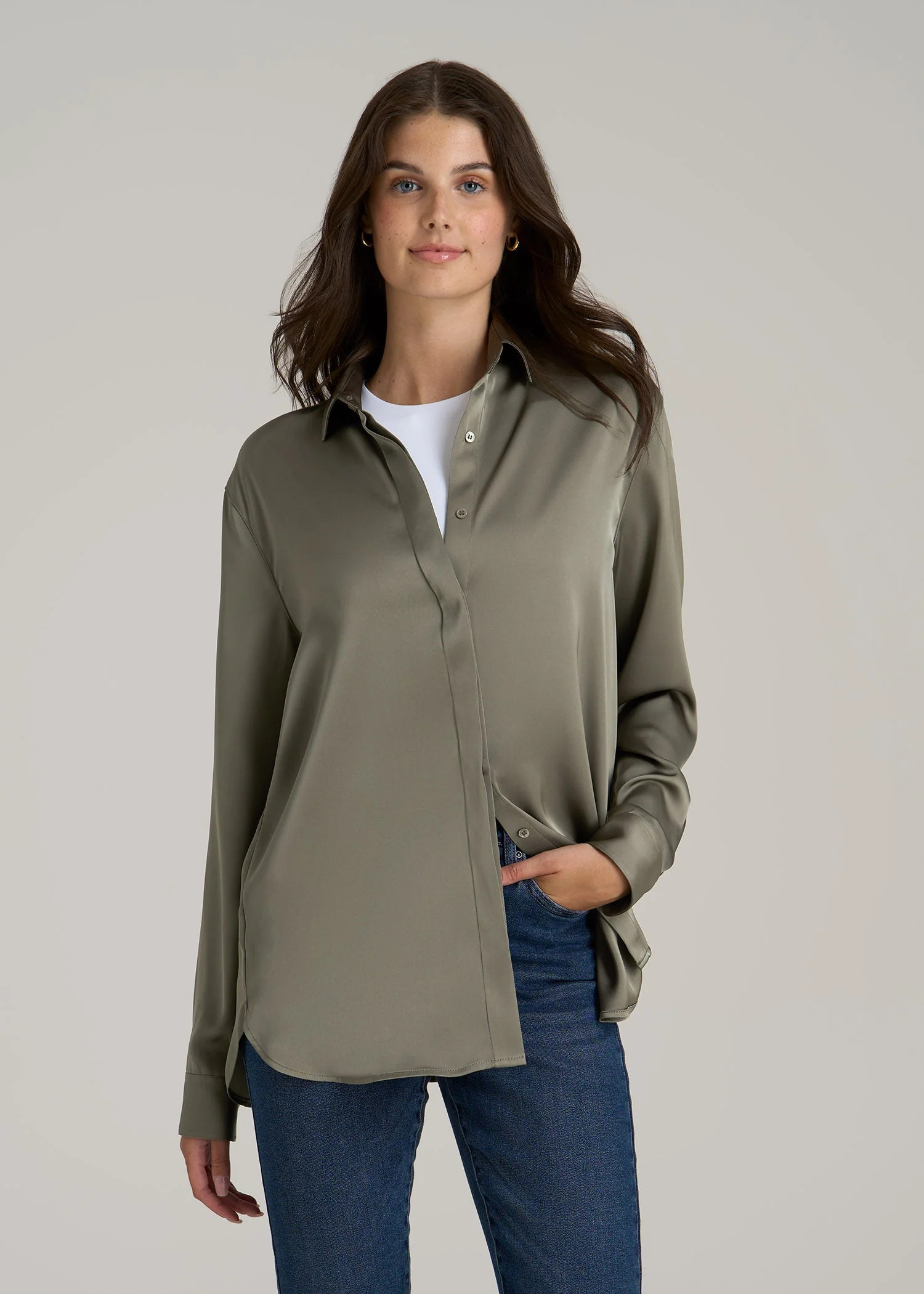 Relaxed Button-Up Blouse for Tall Women in Camper Green | American Tall