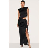 Black Ruched Satin Split Detail Maxi Skirt | PrettyLittleThing US