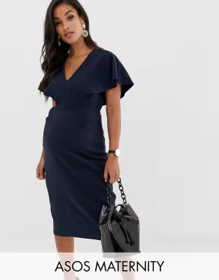 ASOS DESIGN Maternity angel sleeve midi pencil dress in navy | ASOS (Global)
