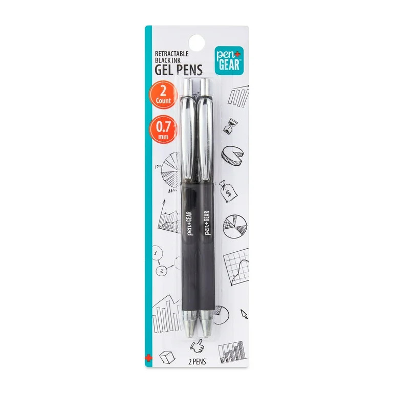 Pen+Gear Retractable Gel Pens, Medium Point, 0.7 mm, Black, 2 Count | Walmart (US)