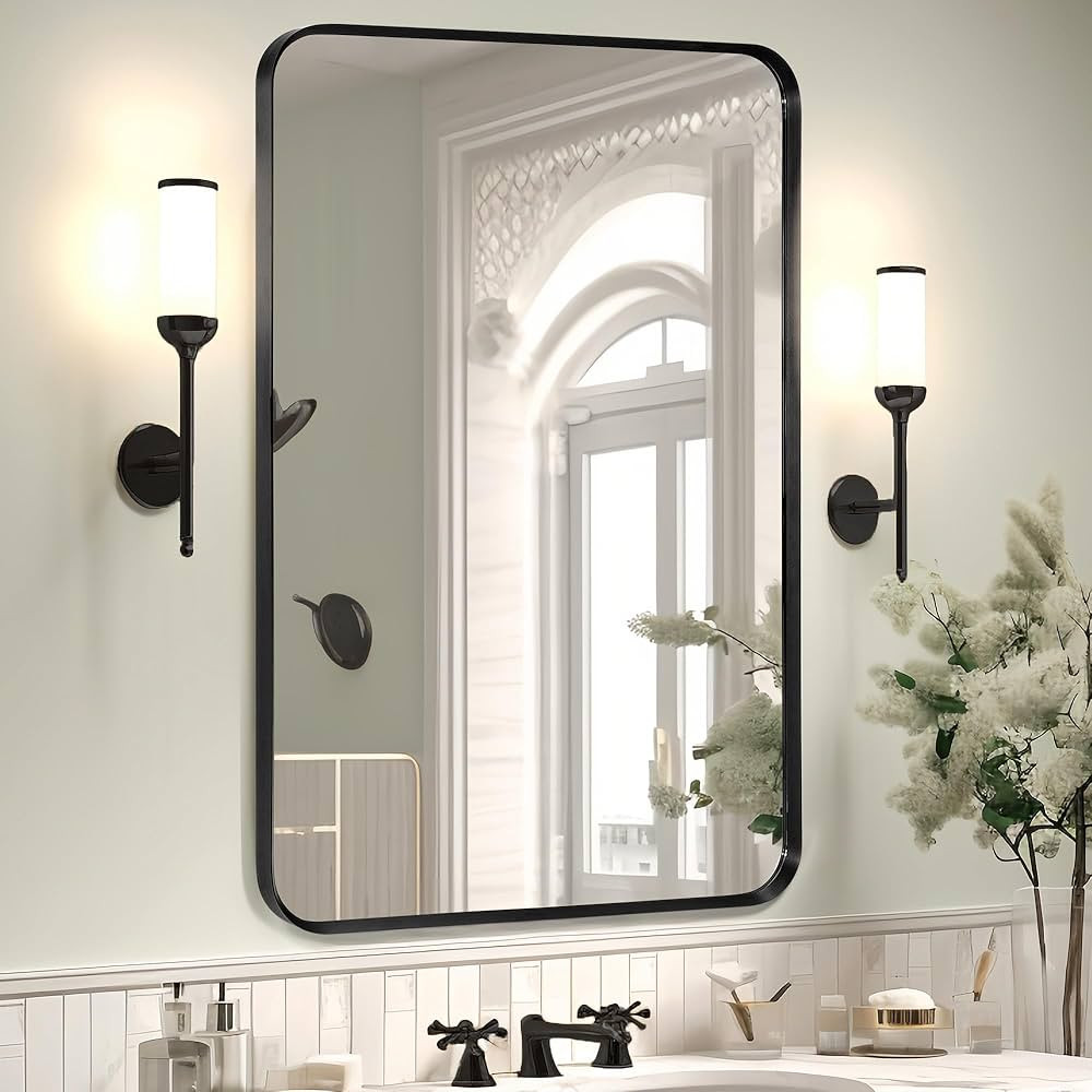 Wall Mount Mirror for Bathroom, Brushed Black Metal Framed Rounded Corner Rectangular Vanity Mirr... | Amazon (US)