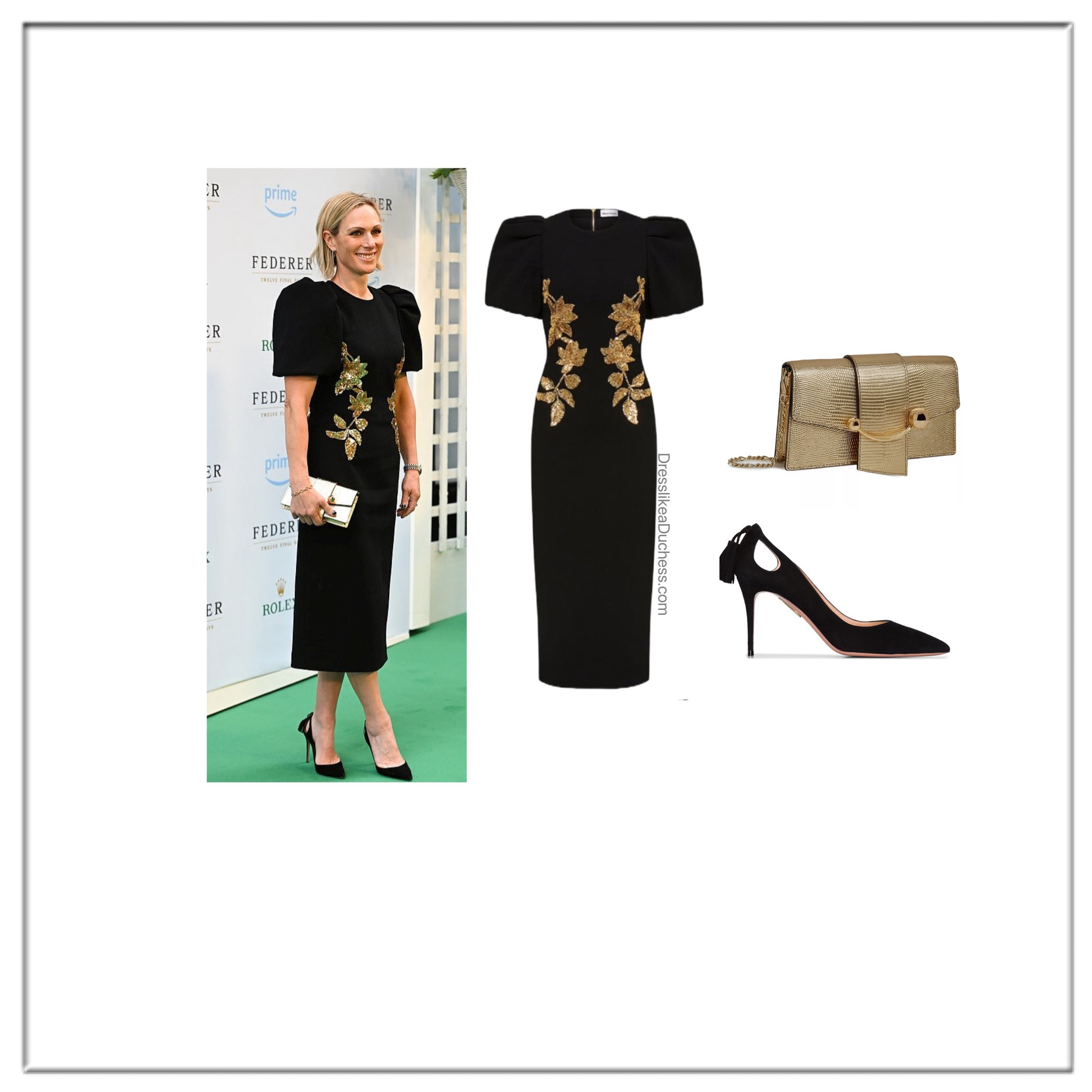 Zara tindall Rebecca vallance Versailles embellished midi dress, Aquazzura forever Marilyn pumps and strathberry crescent gold handbag 


#datenight #event #specialoccasion #lbd 