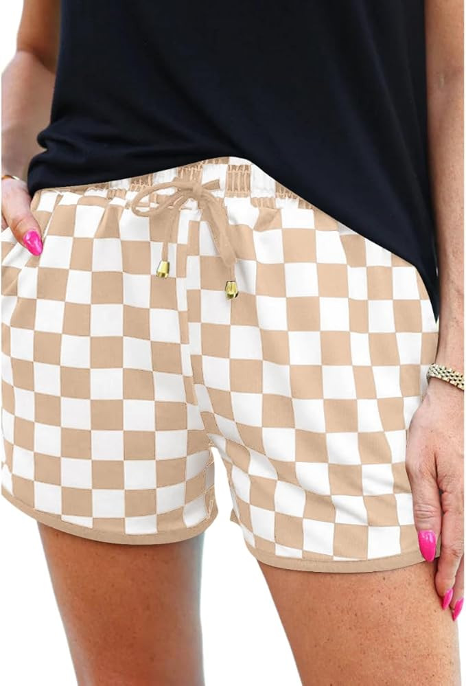 Chvity Womens Plaid Shorts Casual Elastic Waist Checkered Shorts Women Trendy with Pockets | Amazon (US)