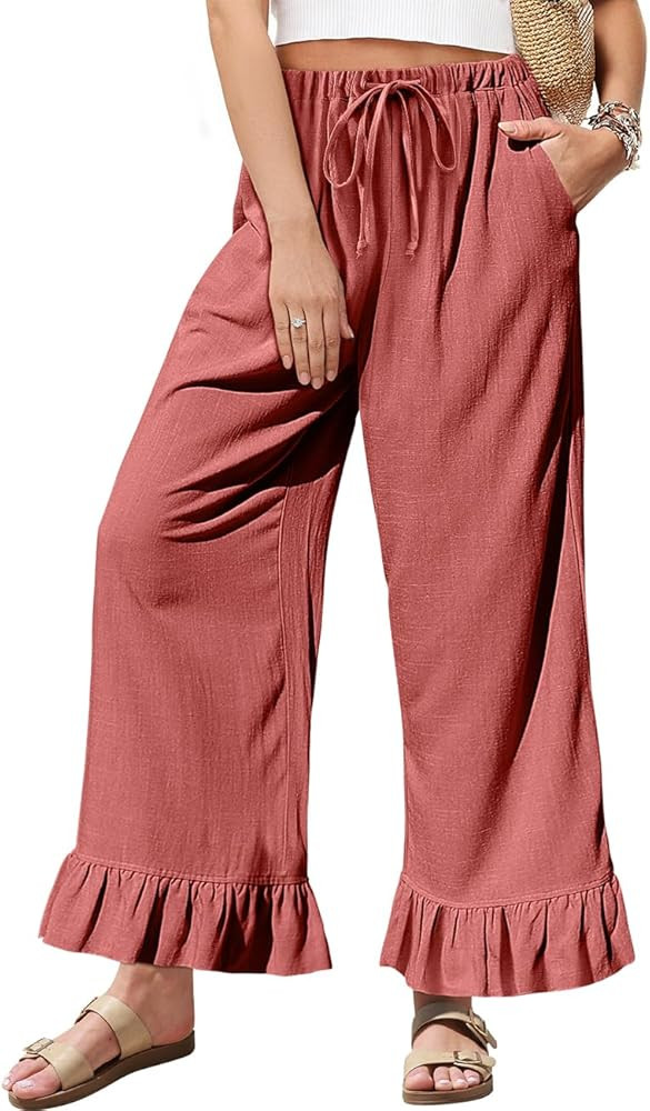 TARSE Women’s Linen Casual Pants Flared Leg Wide Leg Drawstring Ruffle Harem Palazzo Pants with... | Amazon (US)