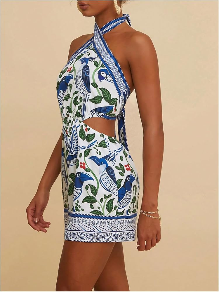 MakeMeChic Women's Boho Mini Dress Summer Beach Vacation Halter Dresses Floral Sundress | Amazon (US)