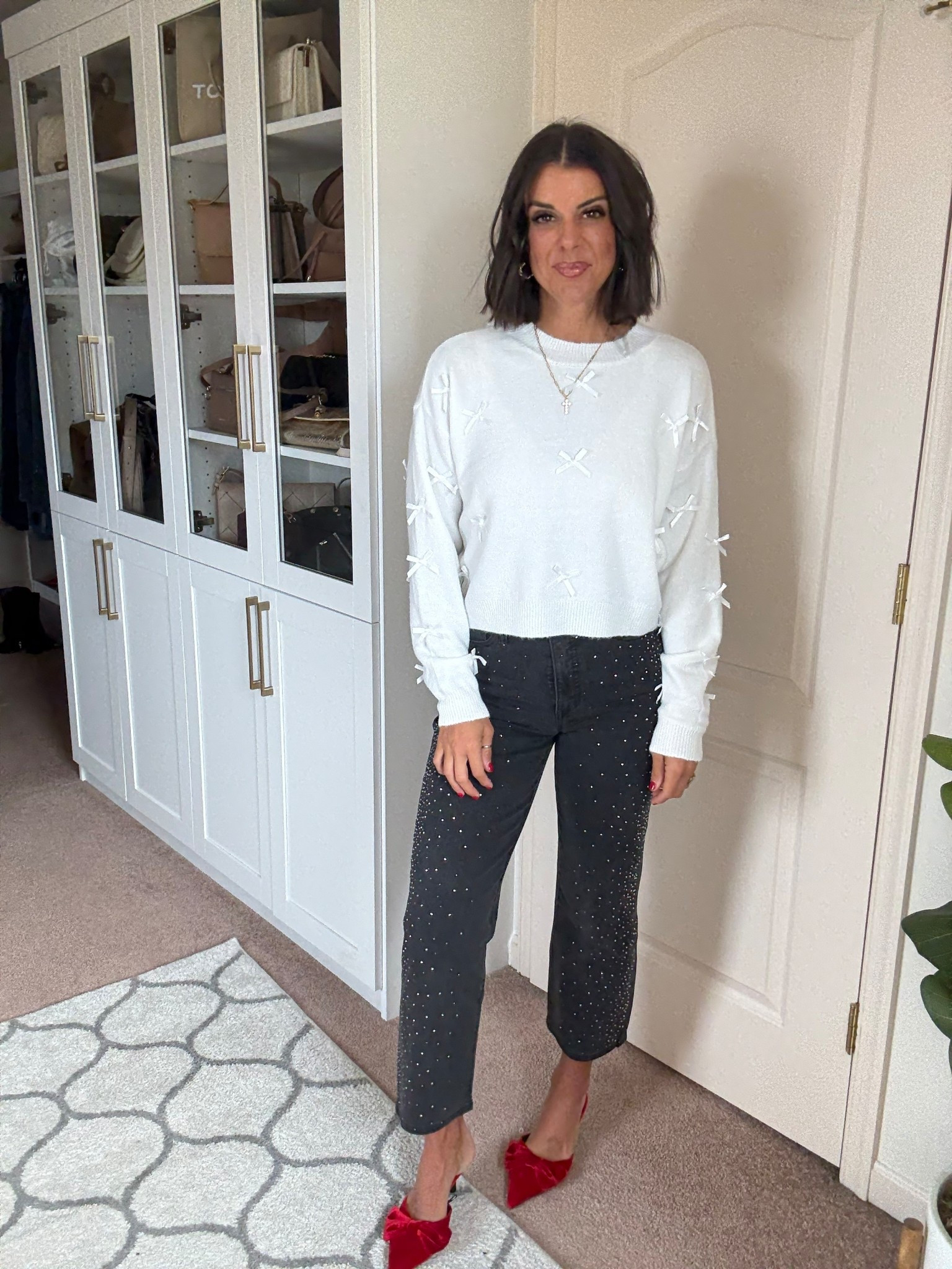 Love this adorable Walmart bow sweater!! I’m 5’5 and in my true size 2 in jeans. I sized up one size to a medium in sweater, but could have stayed tts 

#LTKHoliday #LTKStyleTip #LTKSeasonal