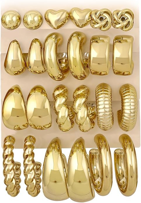 12 Pairs Chunky Gold Hoop Earrings for Women Trendy, Gold Plated Lightweight Hypoallergenic Stack... | Amazon (US)
